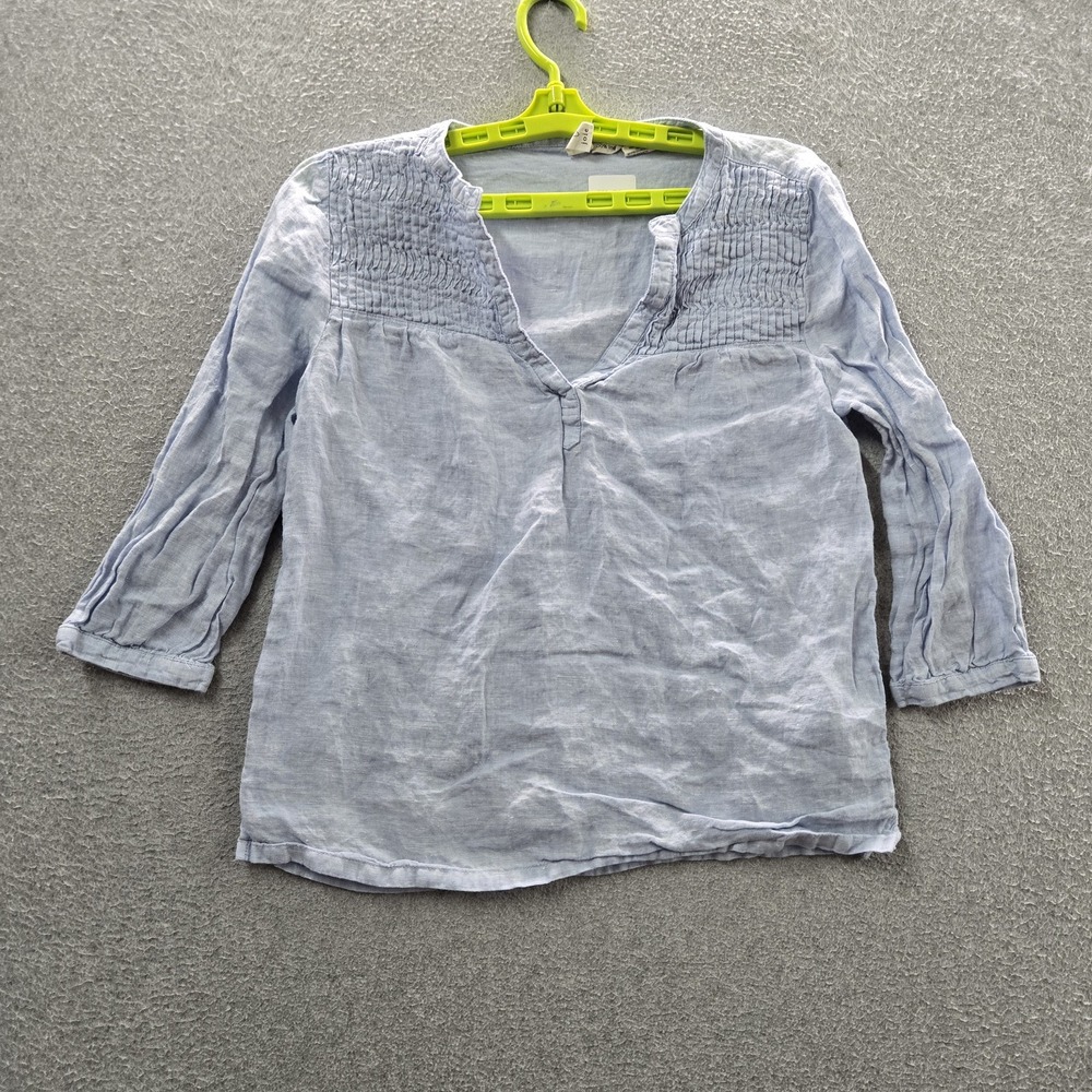 Joie Women Blouse S Blue Linen Button Pleated V-Neck Pullover Coastal Beach